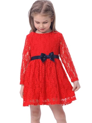 BONNY BILLY Mädchen Kleider Langarm Spitze Festlich Hochzeit Weihnachten Winterkleid mit Schleife 4-5 Jahre/104-110 Rot von BONNY BILLY