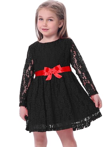 BONNY BILLY Mädchen Kleider Langarm Spitze Festlich Hochzeit Weihnachten Winterkleid mit Schleife 10-11 Jahre/140-146 Schwarz von BONNY BILLY