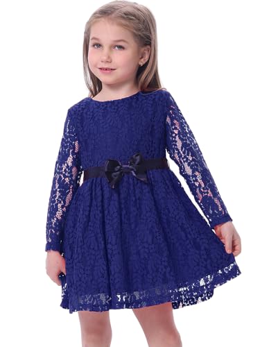 BONNY BILLY Mädchen Kleider Langarm Spitze Festlich Hochzeit Weihnachten Winterkleid mit Schleife 7-8 Jahre/122-128 Blau von BONNY BILLY