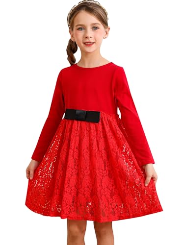 BONNY BILLY Mädchen Kleider Langarm Spitze Festlich Weihnachtskleid Winterkleid mit Schleife 4-5 Jahre/104-110 Rot von BONNY BILLY