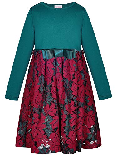 BONNY BILLY Mädchen Kleider Langarm Spitze Festlich Weihnachtskleid Winterkleid mit Schleife 5-6 Jahre/110-116 Grün von BONNY BILLY