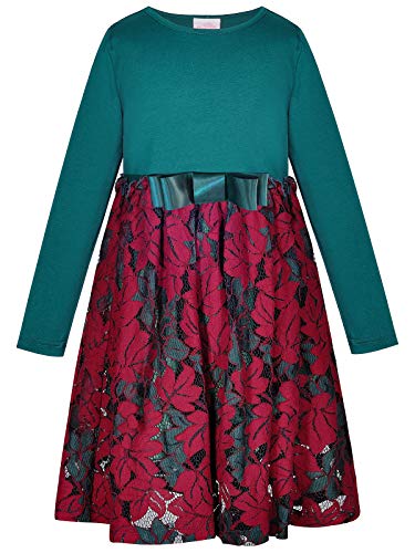 BONNY BILLY Mädchen Kleider Langarm Spitze Festlich Weihnachtskleid Winterkleid mit Schleife 7-8 Jahre/122-128 Grün von BONNY BILLY