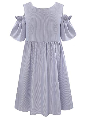 BONNY BILLY Mädchen Kleider Schulterfrei Gestreift Sommerkleid Strandkleid Freizeitkleid mit Ärmeln 7-8 Jahre/122-128 Blau von BONNY BILLY