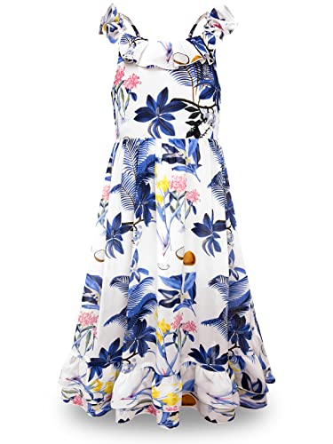 BONNY BILLY Mädchen Kleider Freizeit Blumen Sommerkleid Strandkleid Chiffonkleid Maxikleid mit Rüschen 10-11 Jahre/140-146 Blau von BONNY BILLY