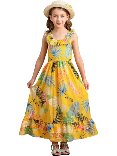 BONNY BILLY Mädchen Kleider Freizeit Blumen Sommerkleid Strandkleid Chiffonkleid Maxikleid mit Rüschen 10-11 Jahre/140-146 Gelb von BONNY BILLY