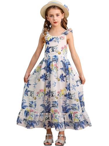BONNY BILLY Mädchen Kleider Freizeit Blumen Sommerkleid Strandkleid Chiffonkleid Maxikleid mit Rüschen 7-8 Jahre/122-128 Blau von BONNY BILLY