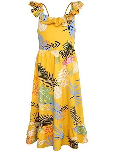 BONNY BILLY Mädchen Kleider Freizeit Blumen Sommerkleid Strandkleid Chiffonkleid Maxikleid mit Rüschen 7-8 Jahre/122-128 Gelb von BONNY BILLY