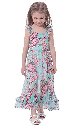 BONNY BILLY Mädchen Kleider Blumen Boho Sommerkleid Strandkleid Chiffonkleid Maxikleid mit Rüschen 8-9 Jahre/128-134 Aqua von BONNY BILLY