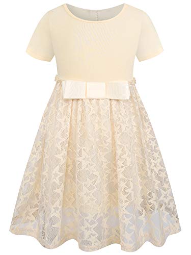 BONNY BILLY Mädchen Kleider Kurzarm Baumwolle Sterne Jerseykleid Sommerkleid mit Schleife 7-8 Jahre/122-128 Beige von BONNY BILLY