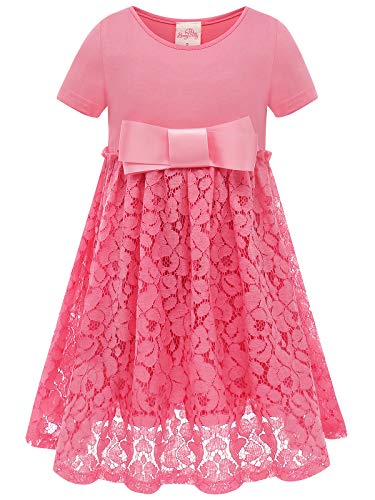 BONNY BILLY Mädchen Kleider Kurzarm Baumwolle Spitze Jerseykleid Sommerkleid mit Schleife 8-9 Jahre/128-134 Rosa von BONNY BILLY