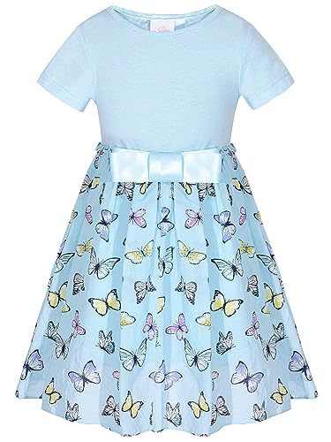 BONNY BILLY Mädchen Kleider Kurzarm Schmetterling Baumwollkleid Sommerkleid mit Schleife 7-8 Jahre/122-128 Blau von BONNY BILLY