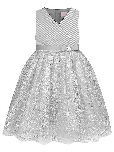 BONNY BILLY Mädchen Kleider V-Ausschnitt Glitzer Tüll Hochzeit Festlich Elegant Abendkleid Ballkleid 8-9 Jahre/128-134 Silber von BONNY BILLY