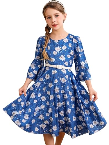 BONNY BILLY Mädchen Kleider Vintage Blumen Festlich Herbst Winter Kinder Kleid mit Gürtel 10-11 Jahre/140-146 Blau-2 (3/4 Ärmel) von BONNY BILLY