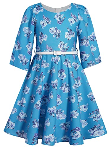 BONNY BILLY Mädchen Kleider Vintage Blumen Festlich Herbst Winter Kinder Kleid mit Gürtel 10-11 Jahre/140-146 Blau-3 (3/4 Ärmel) von BONNY BILLY