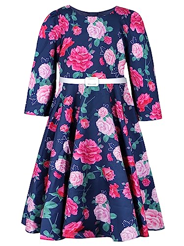 BONNY BILLY Mädchen Kleider Vintage Blumen Festlich Herbst Winter Kinder Kleid mit Gürtel 10-11 Jahre/140-146 Marineblau&Rosa (3/4 Ärmel) von BONNY BILLY