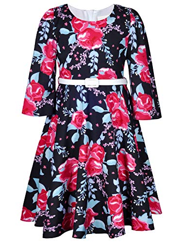 BONNY BILLY Mädchen Kleider Vintage Blumen Festlich Herbst Winter Kinder Kleid mit Gürtel 10-11 Jahre/140-146 Schwarz (3/4 Ärmel) von BONNY BILLY