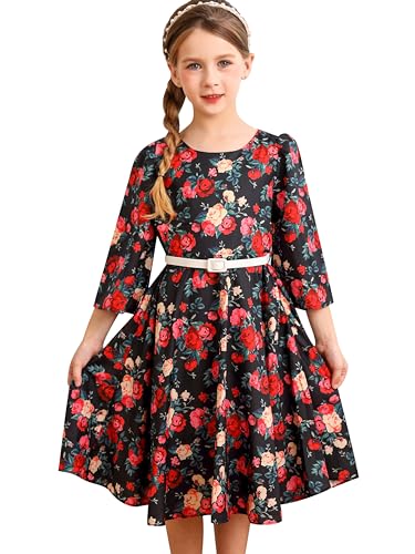 BONNY BILLY Mädchen Kleider Vintage Blumen Festlich Herbst Winter Kinder Kleid mit Gürtel 10-11 Jahre/140-146 Schwarz-7 (3/4 Ärmel) von BONNY BILLY