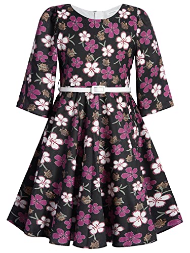 BONNY BILLY Mädchen Kleider Vintage Blumen Festlich Herbst Winter Kinder Kleid mit Gürtel 11-12 Jahre/146-152 Schwarz-6 (3/4 Ärmel) von BONNY BILLY