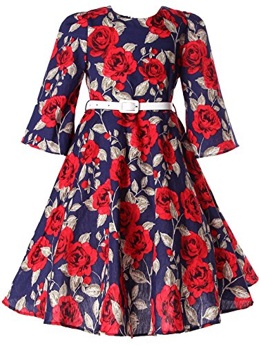 BONNY BILLY Mädchen Kleider Vintage Blumen Festlich Herbst Winter Kinder Kleid mit Gürtel 3-4 Jahre/98-104 Rot (3/4 Ärmel) von BONNY BILLY