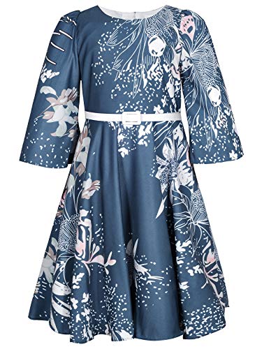 BONNY BILLY Mädchen Kleider Vintage Blumen Festlich Herbst Winter Kinder Kleid mit Gürtel 5-6 Jahre/110-116 Hellgrün (3/4 Ärmel) von BONNY BILLY