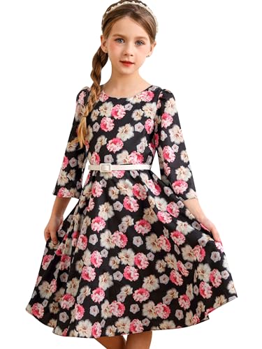 BONNY BILLY Mädchen Kleider Vintage Blumen Festlich Herbst Winter Kinder Kleid mit Gürtel 5-6 Jahre/110-116 Schwarz-5 (3/4 Ärmel) von BONNY BILLY