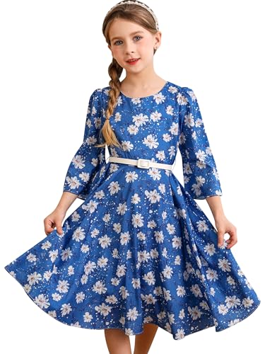 BONNY BILLY Mädchen Kleider Vintage Blumen Festlich Herbst Winter Kinder Kleid mit Gürtel 7-8 Jahre/122-128 Blau-2 (3/4 Ärmel) von BONNY BILLY