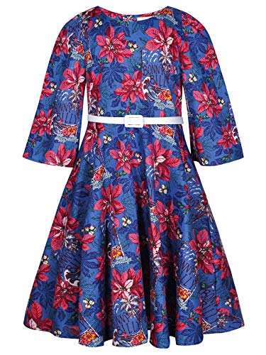 BONNY BILLY Mädchen Kleider Vintage Blumen Festlich Herbst Winter Kinder Kleid mit Gürtel 7-8 Jahre/122-128 Marineblau (3/4 Ärmel) von BONNY BILLY