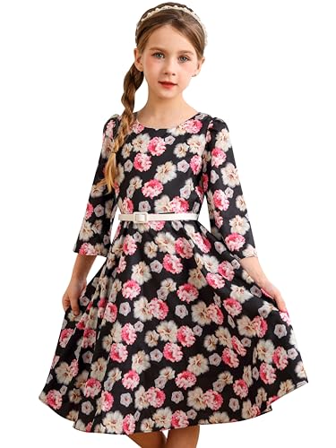 BONNY BILLY Mädchen Kleider Vintage Blumen Festlich Herbst Winter Kinder Kleid mit Gürtel 7-8 Jahre/122-128 Schwarz-5 (3/4 Ärmel) von BONNY BILLY