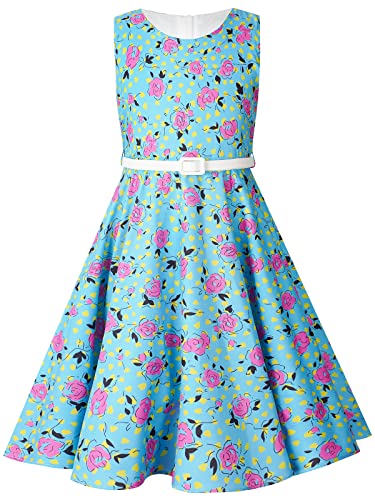 BONNY BILLY Mädchen Kleider Vintage Blumen Festlich Hochzeit Sommer Kinder Kleid mit Gürtel 10-11 Jahre/140-146 Blau-1 (Ärmellos) von BONNY BILLY