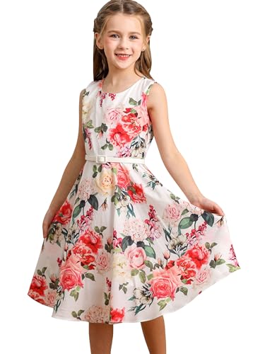 BONNY BILLY Mädchen Kleider Vintage Blumen Festlich Hochzeit Sommer Kinder Kleid mit Gürtel 10-11 Jahre/140-146 Blumen-1 (Ärmellos) von BONNY BILLY