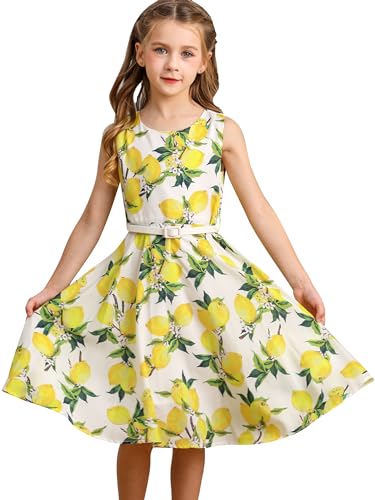 BONNY BILLY Mädchen Kleider Vintage Blumen Festlich Hochzeit Sommer Kinder Kleid mit Gürtel 10-11 Jahre/140-146 Gelb-1 (Ärmellos) von BONNY BILLY