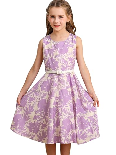 BONNY BILLY Mädchen Kleider Vintage Blumen Festlich Hochzeit Sommer Kinder Kleid mit Gürtel 10-11 Jahre/140-146 Lila-1 (Ärmellos) von BONNY BILLY