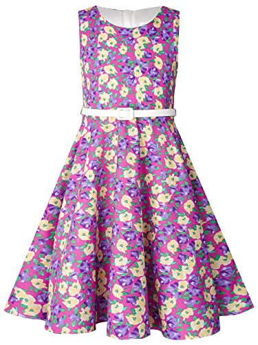 BONNY BILLY Mädchen Kleider Vintage Blumen Festlich Hochzeit Sommer Kinder Kleid mit Gürtel 10-11 Jahre/140-146 Lila-2 (Ärmellos) von BONNY BILLY