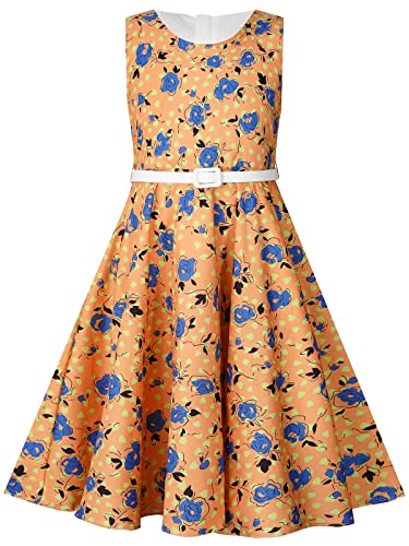 BONNY BILLY Mädchen Kleider Vintage Blumen Festlich Hochzeit Sommer Kinder Kleid mit Gürtel 10-11 Jahre/140-146 Gelb-2 (Ärmellos) von BONNY BILLY