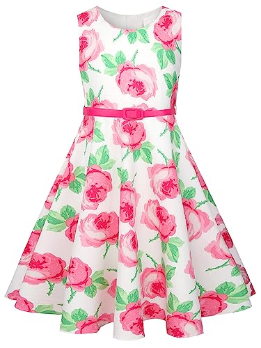 BONNY BILLY Mädchen Kleider Vintage Blumen Festlich Hochzeit Sommer Kinder Kleid mit Gürtel 10-11 Jahre/140-146 Rosa (Ärmellos) von BONNY BILLY