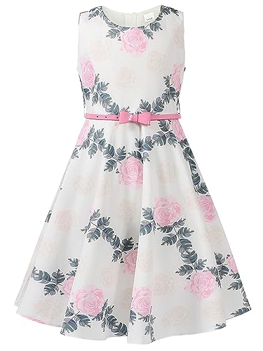 BONNY BILLY Mädchen Kleider Vintage Blumen Festlich Hochzeit Sommer Kinder Kleid mit Gürtel 10-11 Jahre/140-146 Rosa Blumen (Ärmellos) von BONNY BILLY