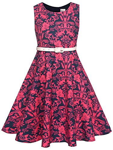 BONNY BILLY Mädchen Kleider Vintage Blumen Festlich Hochzeit Sommer Kinder Kleid mit Gürtel 10-11 Jahre/140-146 Rot (Ärmellos) von BONNY BILLY