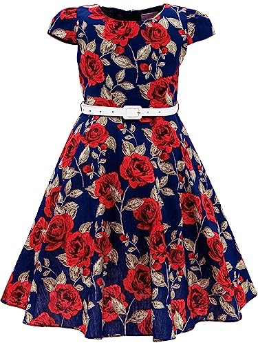 BONNY BILLY Mädchen Kleider Vintage Blumen Festlich Hochzeit Sommer Kinder Kleid mit Gürtel 10-11 Jahre/140-146 Rot (Kurzarm) von BONNY BILLY