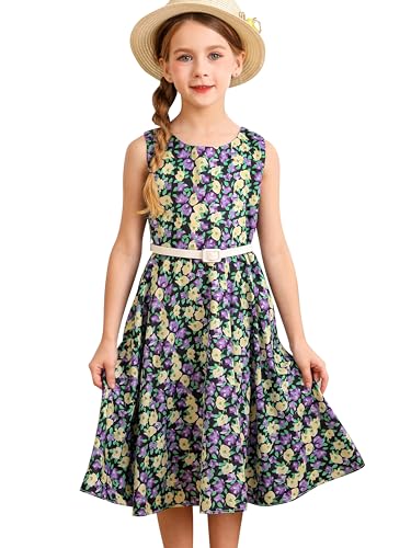 BONNY BILLY Mädchen Kleider Vintage Blumen Festlich Hochzeit Sommer Kinder Kleid mit Gürtel 10-11 Jahre/140-146 Schwarz-2 (Ärmellos) von BONNY BILLY