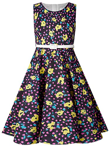 BONNY BILLY Mädchen Kleider Vintage Blumen Festlich Hochzeit Sommer Kinder Kleid mit Gürtel 11-12 Jahre/146-152 Schwarz-3 (Ärmellos) von BONNY BILLY