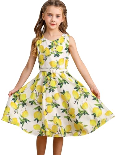 BONNY BILLY Mädchen Kleider Vintage Blumen Festlich Hochzeit Sommer Kinder Kleid mit Gürtel 5-6 Jahre/110-116 Gelb-1 (Ärmellos) von BONNY BILLY