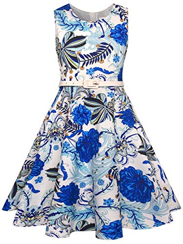 BONNY BILLY Mädchen Kleider Vintage Blumen Festlich Hochzeit Sommer Kinder Kleid mit Gürtel 5-6 Jahre/110-116 Blau (Ärmellos) von BONNY BILLY