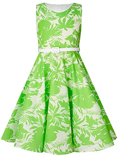 BONNY BILLY Mädchen Kleider Vintage Blumen Festlich Hochzeit Sommer Kinder Kleid mit Gürtel 7-8 Jahre/122-128 Grün-3 (Ärmellos) von BONNY BILLY