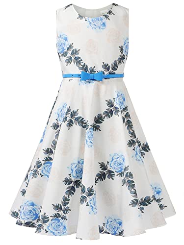 BONNY BILLY Mädchen Kleider Vintage Blumen Festlich Hochzeit Sommer Kinder Kleid mit Gürtel 7-8 Jahre/122-128 Blau Blumen (Ärmellos) von BONNY BILLY