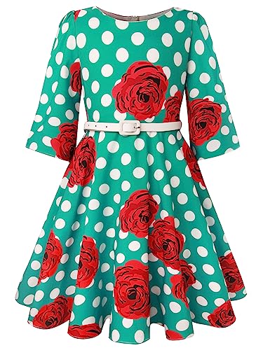 BONNY BILLY Mädchen Kleider Vintage Blumen Punkte Festlich Herbst Winter Kinder Kleid mit Gürtel 5-6 Jahre/110-116 Grün (3/4 Ärmel) von BONNY BILLY