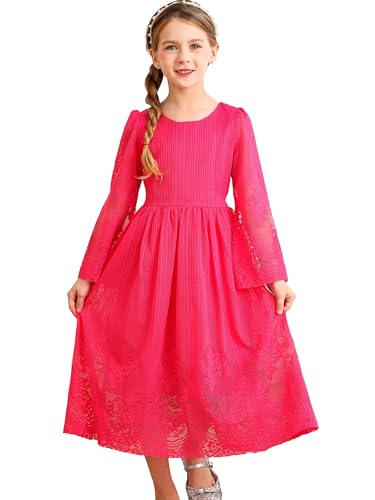 BONNY BILLY Mädchen Kleider Vintage Spitze Tüll Festlich Hochzeit Lang Langarm Weihnachtskleid Partykleid 10-11 Jahre/140-146 Rosa von BONNY BILLY