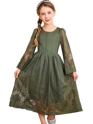 BONNY BILLY Mädchen Kleider Vintage Spitze Tüll Festlich Hochzeit Lang Langarm Weihnachtskleid Partykleid 4-5 Jahre/104-110 Grün von BONNY BILLY