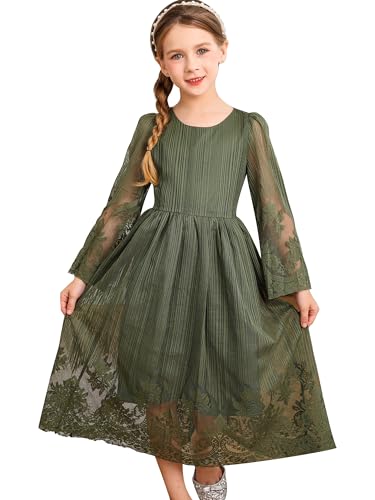 BONNY BILLY Mädchen Kleider Vintage Spitze Tüll Festlich Hochzeit Lang Langarm Weihnachtskleid Partykleid 8-9 Jahre/128-134 Grün von BONNY BILLY