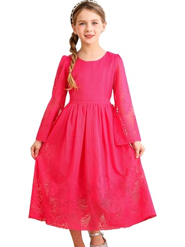 BONNY BILLY Mädchen Kleider Vintage Spitze Tüll Festlich Hochzeit Lang Langarm Weihnachtskleid Partykleid 8-9 Jahre/128-134 Rosa von BONNY BILLY