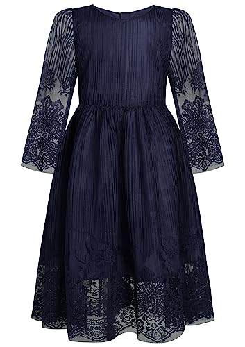 BONNY BILLY Mädchen Kleider Vintage Spitze Tüll Festlich Hochzeit Lang Langarm Weihnachtskleid Partykleid 7-8 Jahre/122-128 Blau von BONNY BILLY